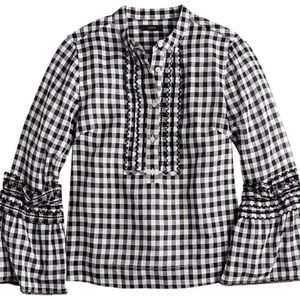 J.Crew Embroidered Black and White Bell-Sleeve Gingham Top